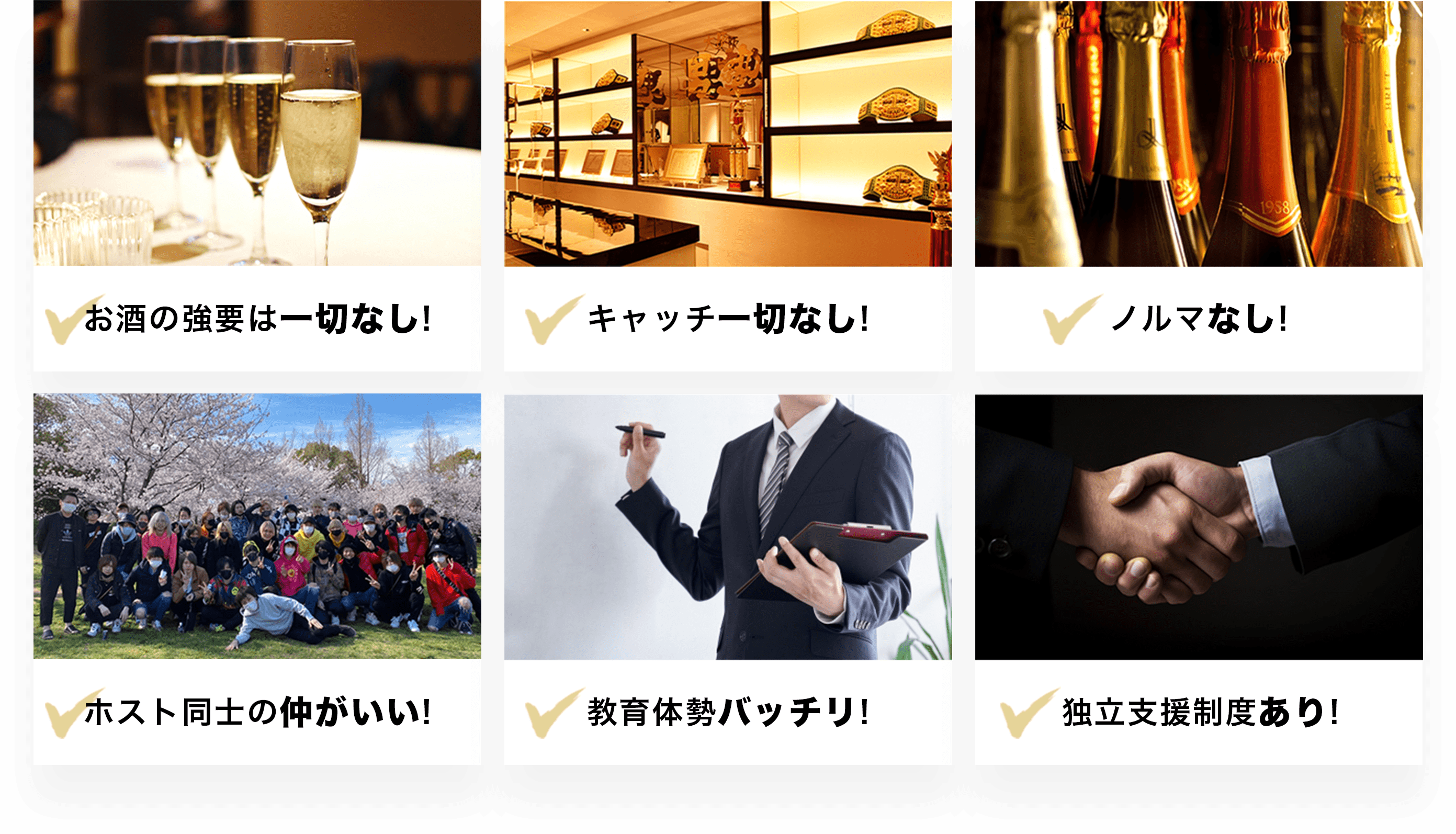 お酒の強要なし・キャッチ一切なし・ルマなし・ホスト同士の仲がいい・教育体制バッチリ!・独立支援制度あり!