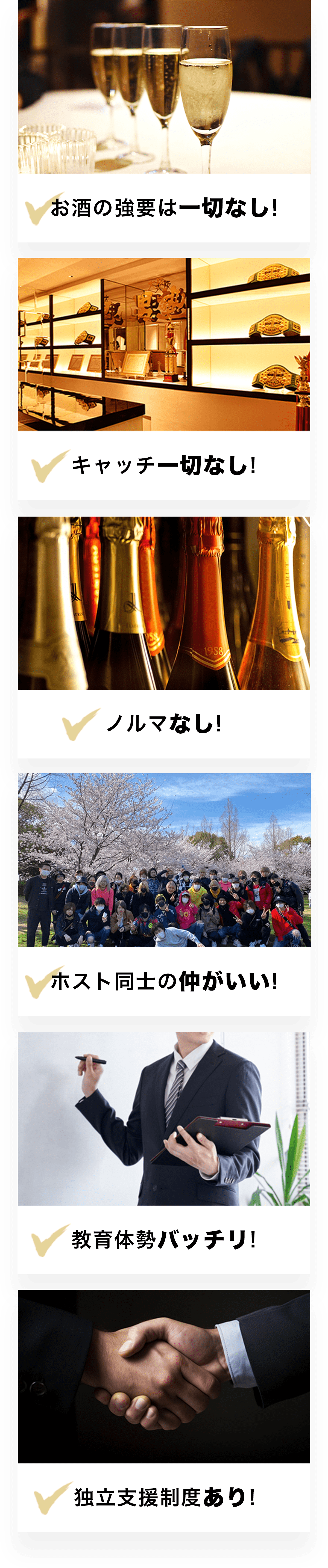 お酒の強要なし・キャッチ一切なし・ルマなし・ホスト同士の仲がいい・教育体制バッチリ!・独立支援制度あり!